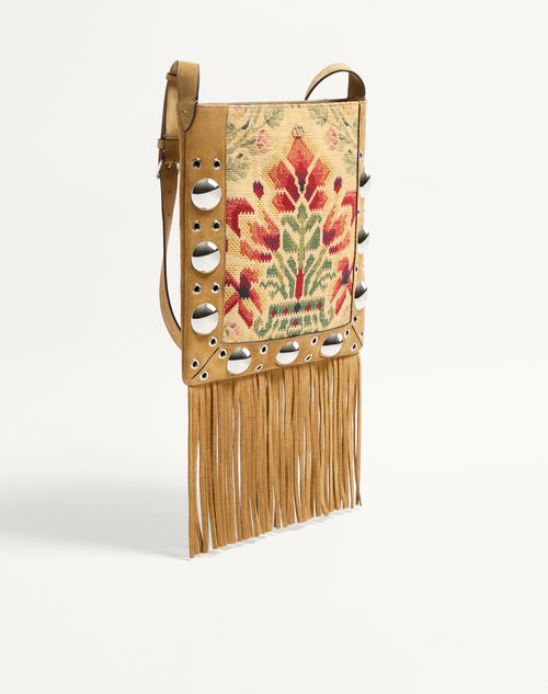 Valentino Garavani - Valentino Garavani Nellcôte Shoulder Bag In Jacquard Fabric With Fringes - Havana Beige/multicolor - Man - Shoulder Bags