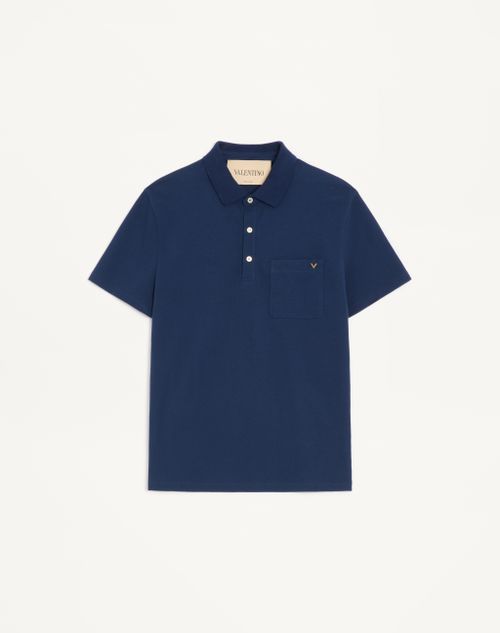 Valentino - Valentino Polo Shirt In Cotton Piquet With Vgold - Blue - Man - T-shirts And Sweatshirts