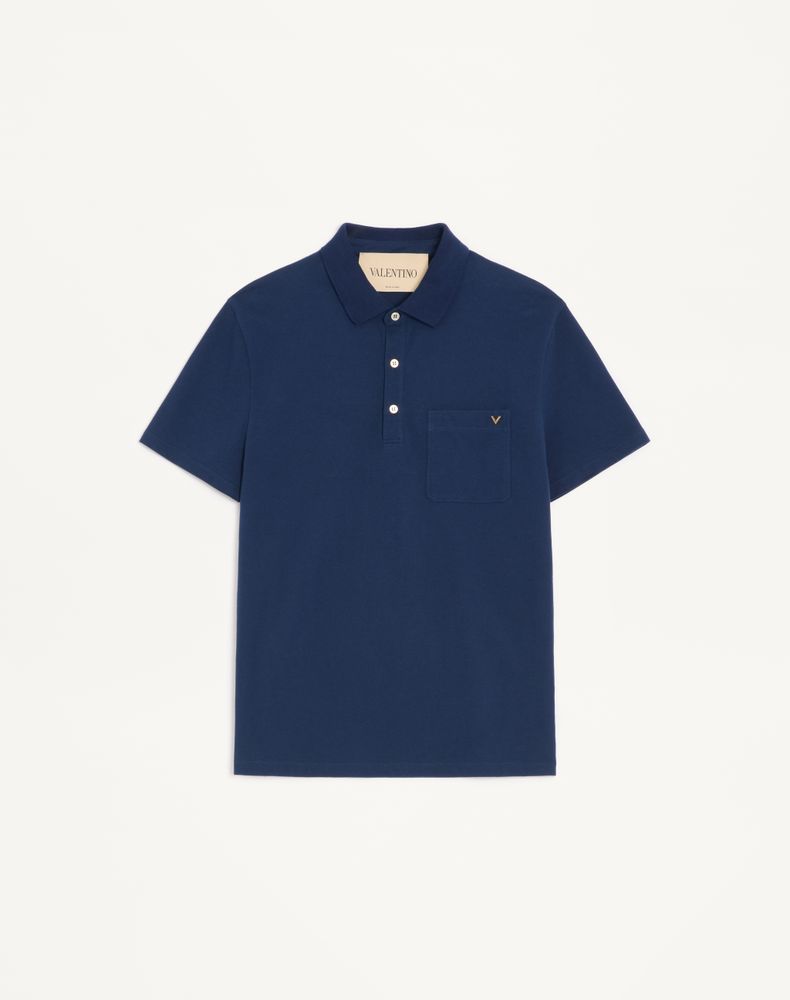 Valentino Men's Blue Polo Shirt In Cotton Piquet With Vgold Man Xxl