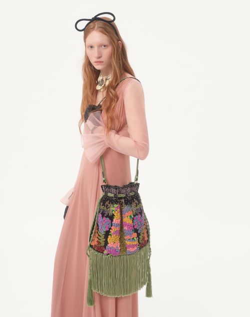 Valentino Garavani - Valentino Garavani Nellcôte Alice Embroidered Bag With Fringes - Black/multicolor - Woman - Shoulder Bags