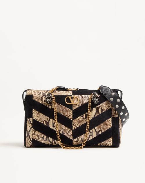 Valentino Garavani  Garavani Panthea Python And Suede Chevron Motif Shoulder Bag Woman Natu In Black