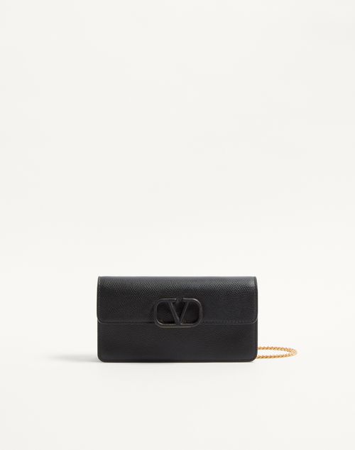 Valentino Garavani - Portafoglio Con Catena Vlogo Signature In Vitello Granato - Nero - Donna - Portafogli E Piccola Pelletteria