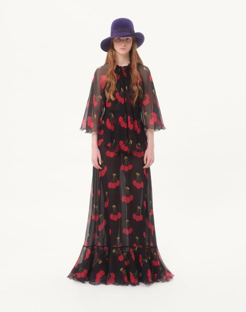 Valentino - Long Dress In Crepponne Chiffon With Cherryfic Print - Black/cherry Red - Woman - Gowns
