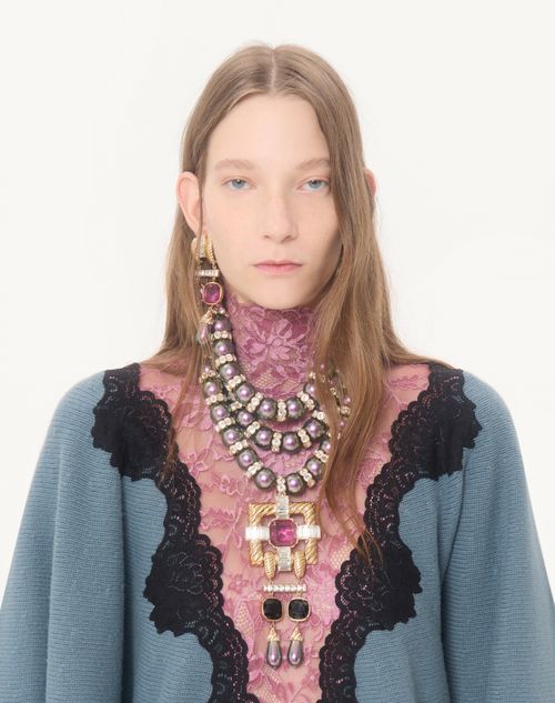 Valentino - Wollpullover Mit Spitze - Petrol/schwarz/rosa - Frau - Strickwaren