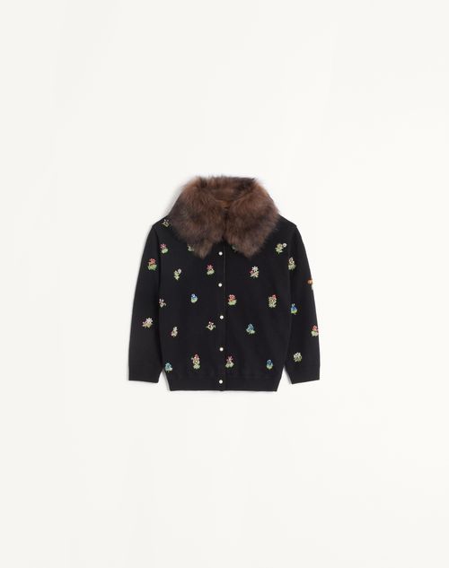 Valentino Virgin Wool Floral Cardigan In Nero