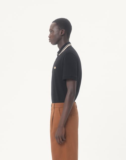 Valentino - Cotton Piqué Polo Shirt With Vlogo Patch - Black - Man - T-shirts And Sweatshirts