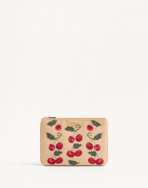 Valentino Garavani Vlogo Signature Pouch In Jacquard Raffia With Cherryfic Pattern Woman Natural/red In Natural/red