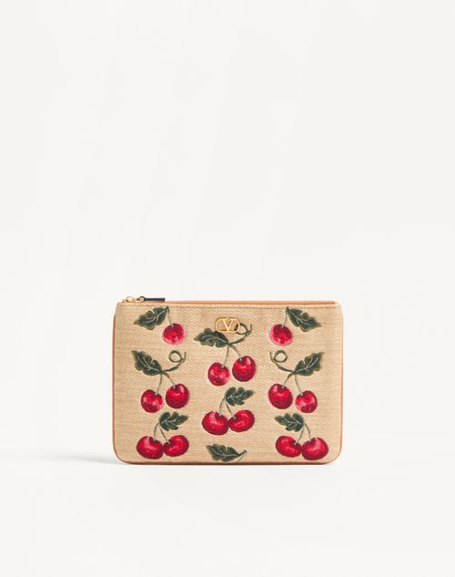 Valentino Garavani Vlogo Signature Pouch In Jacquard Raffia With Cherryfic Pattern Woman Natural/red Onesize