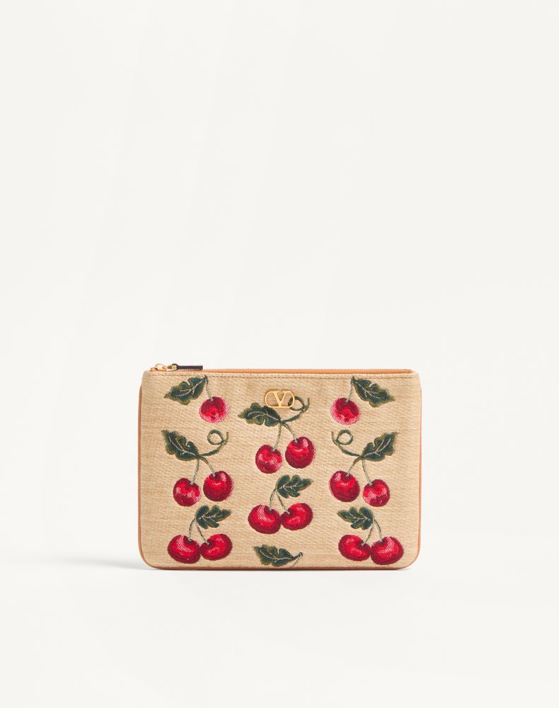 Valentino Garavani Women's Natural/Red Vlogo Signature Pouch In Jacquard Raffia With Cherryfic Pattern Woman Uni