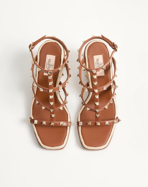 Valentino Garavani - Rockstud Calfskin Wedge Sandal With Cornely Embroidery 80mm - Saddle Brown/natural - Woman - Espadrilles And Wedges