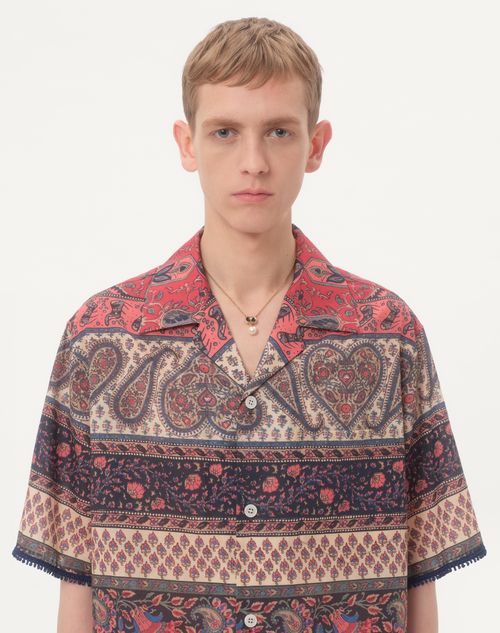 Valentino - Bowling Shirt In Cotton Muslin With Voyage Imaginaire Print And Passementerie Trims - Multicolor - Man - Shirts