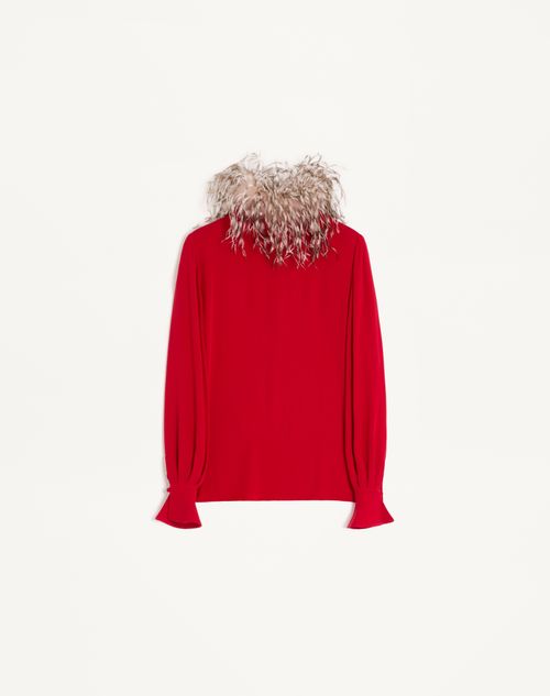 Valentino - Georgette Top With Feathers - Paris/brown - Woman - Shirts And Tops