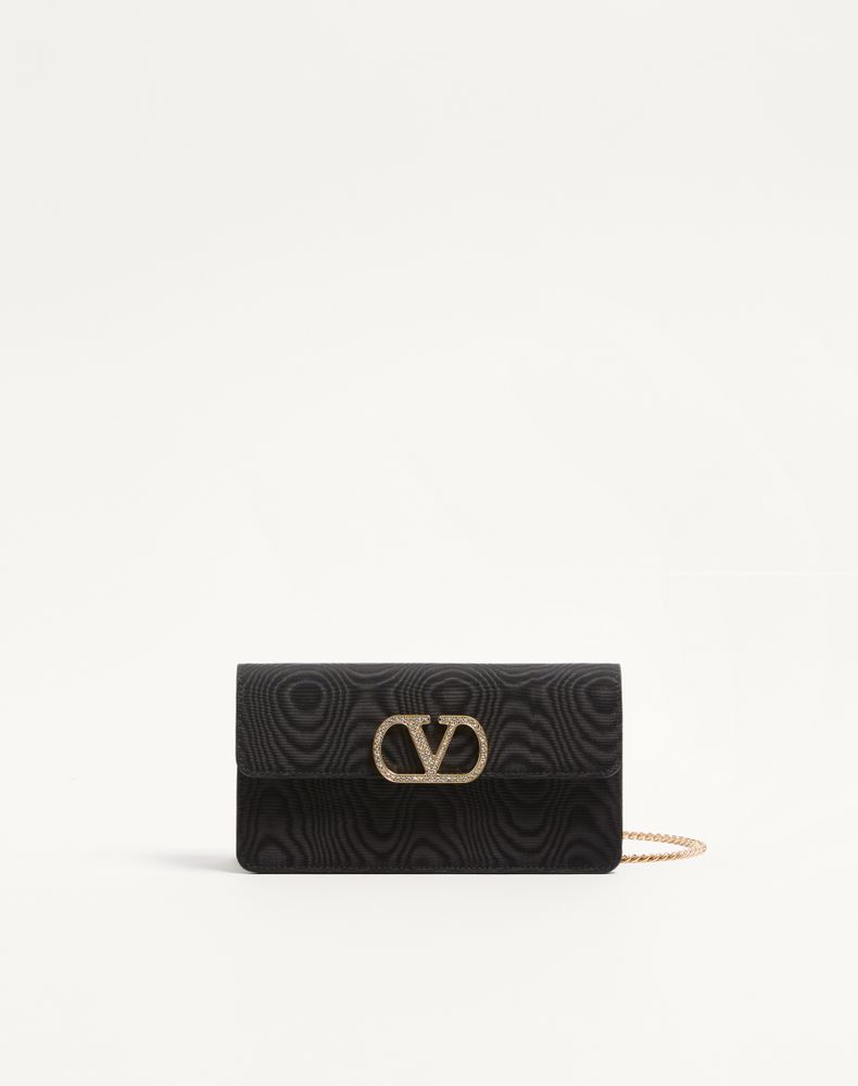 Valentino Garavani Vlogo Signature Chain Wallet In Moiré Fabric With Jewel Logo Woman Black Uni