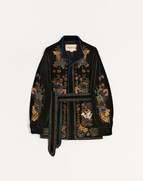 Valentino - Valentino Cotton Velvet Jacket With Belt And Embroidery - Black - Man - Coats And Blazers