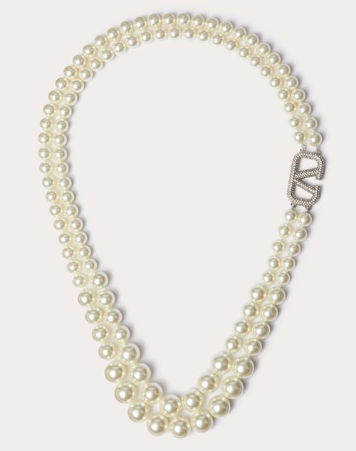 Shop Valentino Garavani Vlogo Signature Metal Necklace With Pearls And Swarovski® Crystals Woman Palladiu In Palladium