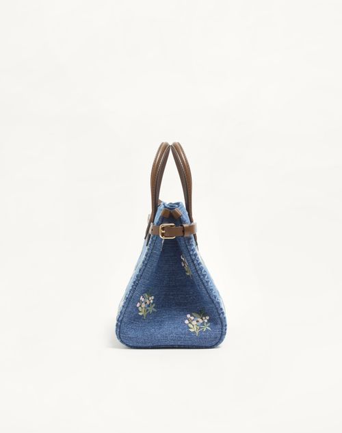Valentino Garavani - Valentino Garavani Antibes Small Embroidered Shopping Bag In Denim - Denim - Woman - Totes
