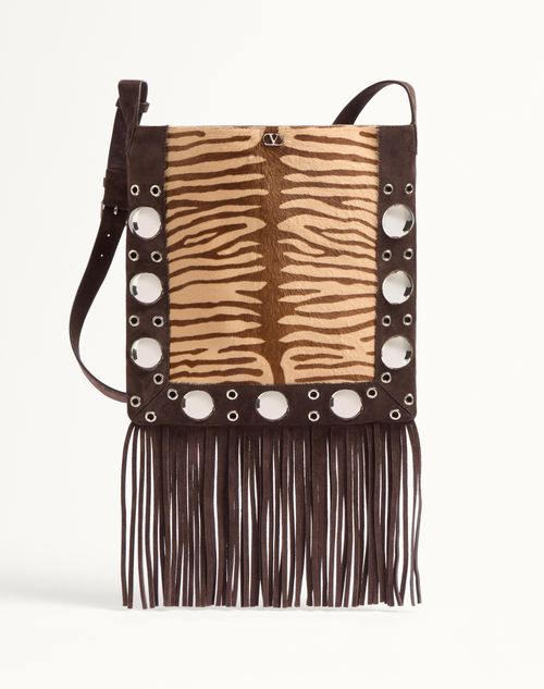 Valentino Garavani Garavani Nellcôte Shoulder Bag In Animalier Pony Effect Calfskin With Fringes In Brown