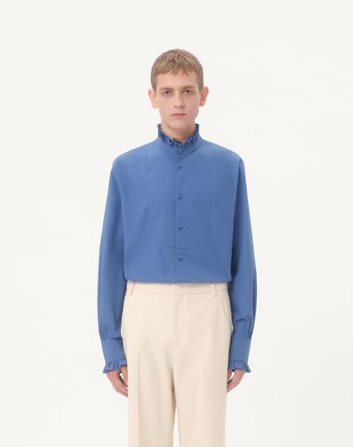 Valentino - Cotton Poplin Shirt With Plastron And Ruffles - Provence Blue - Man - Shirts