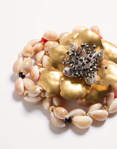 Valentino Garavani - Jardin Aquatique Necklace In Metal, Fabric, Shells, Coral And Onyx - Antique Brass - Woman - Jewelry
