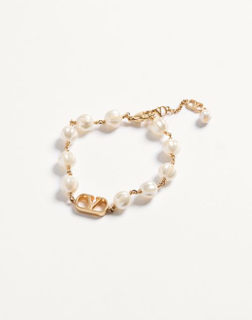 Valentino Garavani - Vlogo Signature Bracelet In Metal With Glass Beads - Gold/cream - Woman - Jewelry
