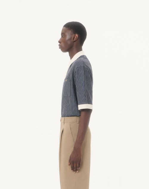 Valentino - Valentino Viscose T-shirt With Striped Vlogo Embroidery - Navy/butter - Man - T-shirts And Sweatshirts