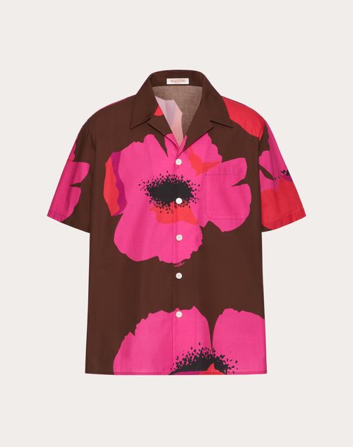 Shop Valentino Cotton Poplin Bowling Shirt With Flower Portrait Print In タバコ/pink Pp