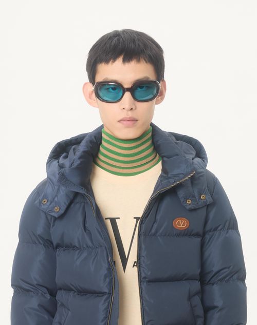 Valentino - Nylon Hooded Down Jacket With Vlogo Patch - Blue - Man - Outerwear