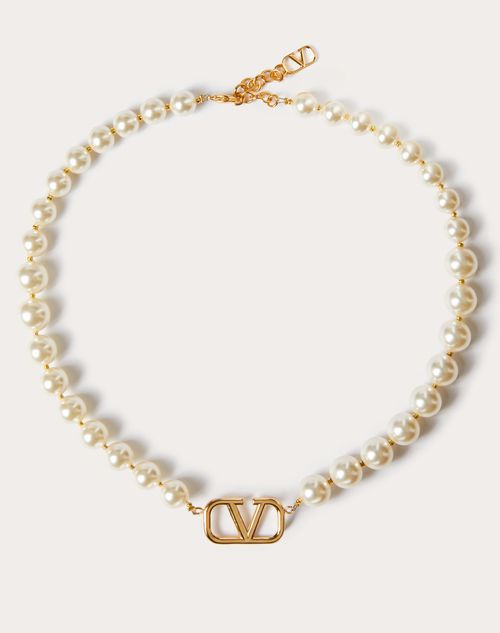 Shop Valentino Garavani Vlogo Signature Metal Necklace With Swarovski® Pearls Woman Gold Uni