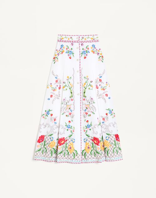 Valentino Pleated Embroidered Cotton, Linen And Silk-blend Midi Skirt In Blanc/multicolore