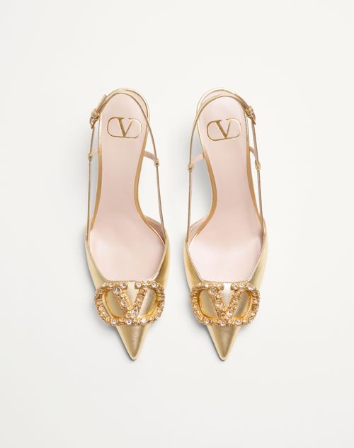 Valentino Garavani - Décolleté Slingback Vlogo Signature In Nappa Laminata 80mm - Antique Brass/crystal - Donna - Décolleté