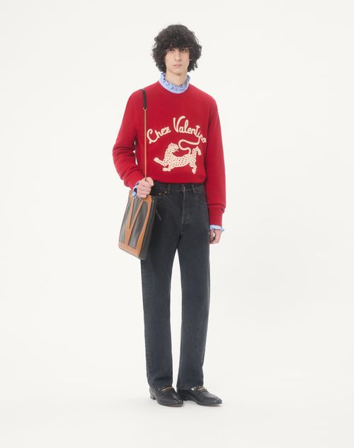 Valentino - Valentino Wool Sweater With Chez Valentino & Panther Embroidery - Red - Man - Knitwear