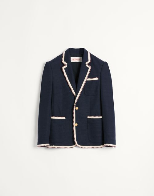 Valentino Single-breasted Jersey Cotton Jacket With Torchon Piping Man Navy 50