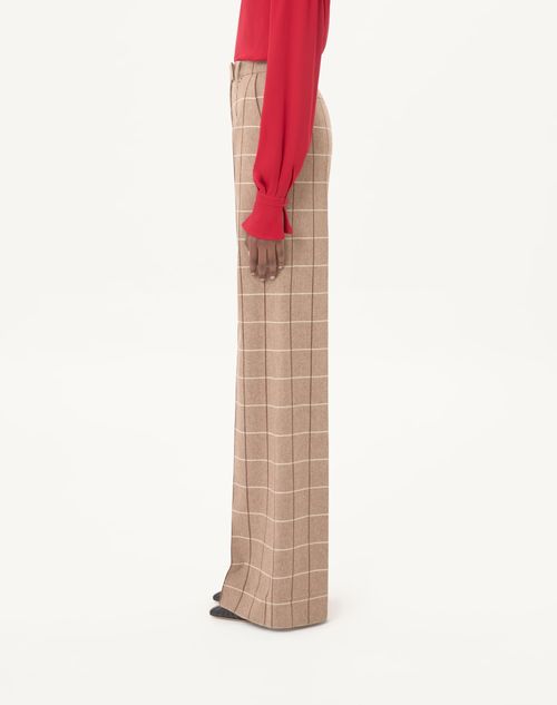 Valentino - Wool Trousers With Windowpane Check Pattern - Beige/maroon/ivory - Woman - Trousers And Shorts