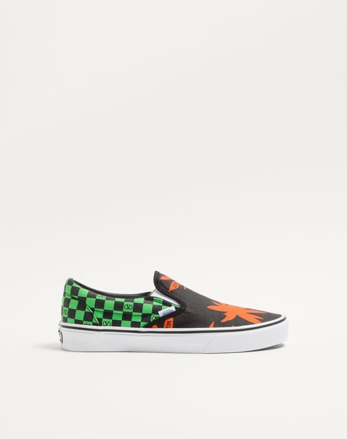 Valentino Garavani Valentino Garavani And Vans Slip-on Fabric Trainer With Vlogo Checkerboard Print And Tropical Leaves Print Man Black/red/green 43