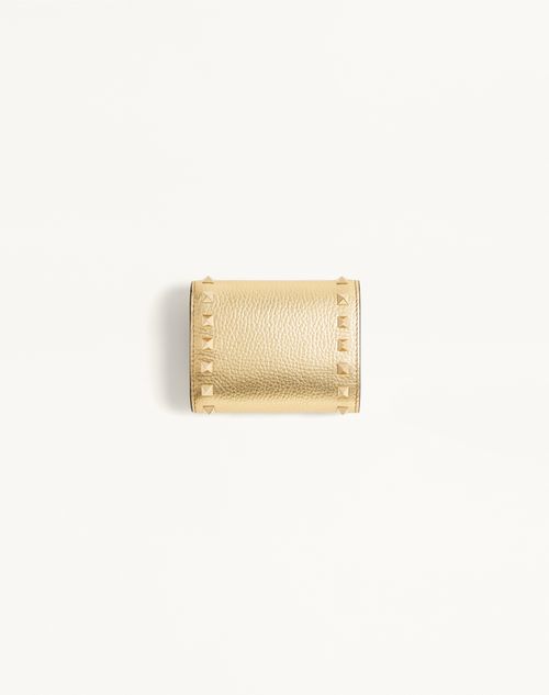 Valentino Garavani - Rockstud Trifold Wallet In Laminated Grainy Calfskin - Antique Brass - Woman - Wallets And Small Leather Goods