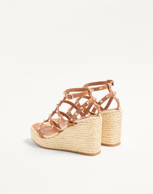 Valentino Garavani - Rockstud Wedge Sandal With Calfskin Straps 95mm - Natural/almond - Woman - Espadrilles And Wedges