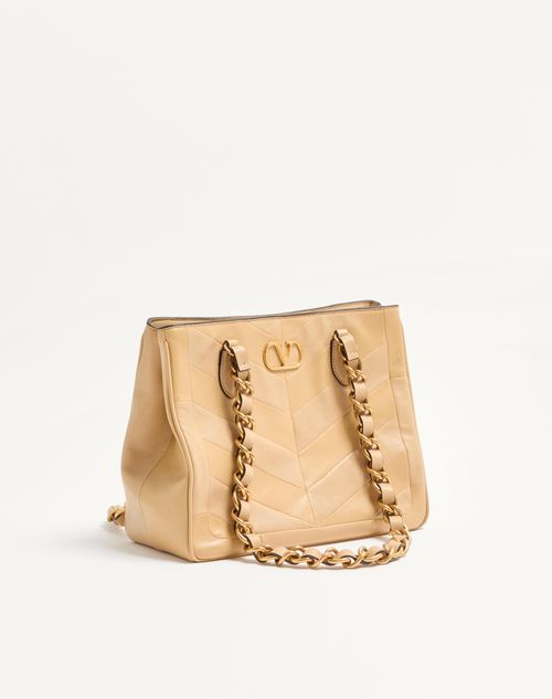 Valentino Garavani - Valentino Garavani Laseine Small Shopping Bag In Chevron-patterned Nappa Leather - Gold Beige - Woman - Totes