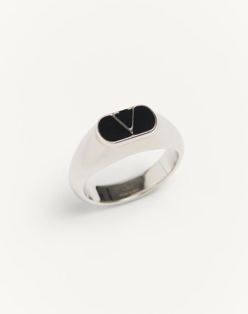 Valentino Garavani - Anello Chevalier Vlogo Signature In Metallo E Smalto - Palladio/nero - Uomo - Gioielli