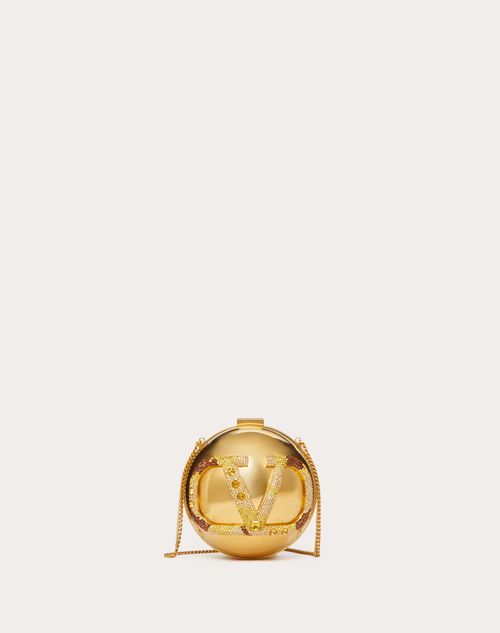 Valentino Garavani - VLOGO SIGNATURE METAL AND RHINESTONE MINAUDIÈRE - Antique Brass - Woman - Clutches