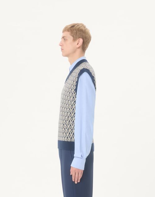 Valentino - Wool Vest With Toute La V Jacquard Pattern - Navy/cream - Man - Knitwear