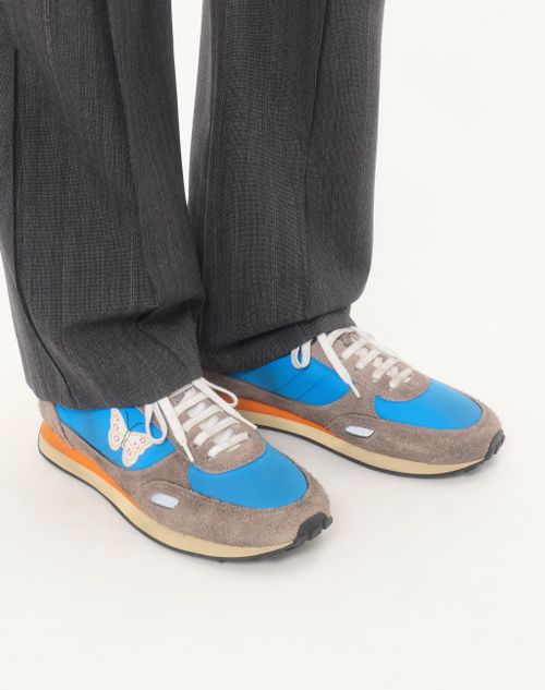 Valentino Garavani - Stud Up Sneaker In Split Leather And Nylon With Butterfly Embroidery - Azure/multicolour - Man - Sneakers