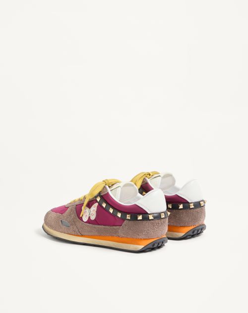 Valentino Garavani - Stud Up Sneaker In Split Leather And Nylon With Butterfly Embroidery - Insolent/multicolour - Man - Sneakers