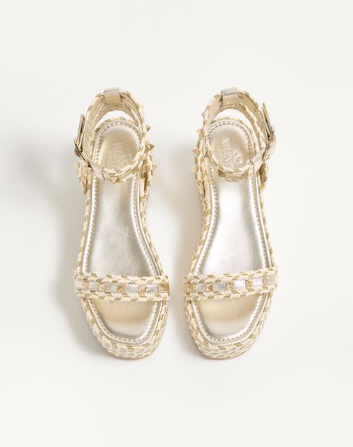 Valentino Garavani - Rockstud Flatform Sandal In Laminated Nappa Leather 45mm - Natural/ivory/gold/platinum - Woman - Espadrilles And Wedges