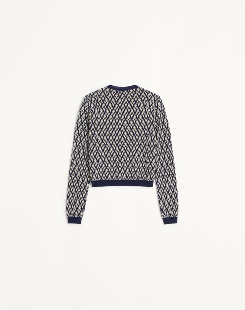 Valentino - Wool Cardigan With Toute La V Jacquard Pattern - Cream/navy - Woman - Knitwear