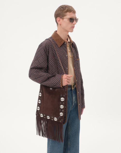 Valentino Garavani - Valentino Garavani Nellcôte Suede Shoulder Bag With Fringes - Brown - Man - Shoulder Bags