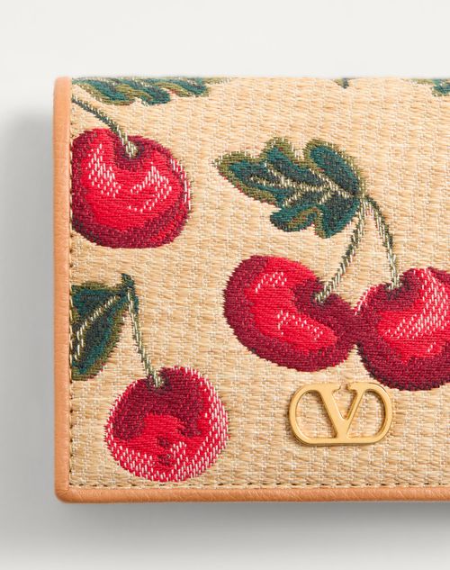 Valentino Garavani - Portefeuille En Raphia Jacquard Vlogo Signature Cherryfic - Naturel/rouge - Femme - Portefeuilles Et Petite Maroquinerie