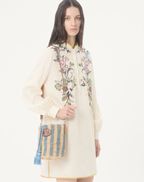 Valentino Garavani - Valentino Garavani Small Bucket Bag In Striped Raffia - Natural/azure - Woman - Shoulder Bags