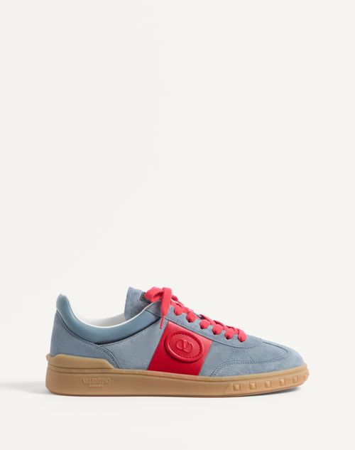 Valentino Garavani Men Upvillage Low Top Sneaker In Split Leather And Calfskin Nappa Leather In Grey/coral/black