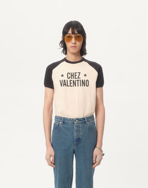 Valentino - Cotton T-shirt With Chez Valentino Print - Butter/black - Man - T-shirts And Sweatshirts