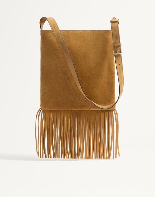 Valentino Garavani - Valentino Garavani Nellcôte Suede Shoulder Bag With Fringes - Havana Beige/fondant - Man - Shoulder Bags